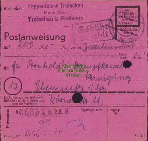 B16159 Gebühr Bezahlt 1945 Postanweisung 27 Roßwein Nummerator 28.9.45 nach Chem