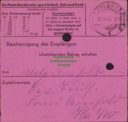 B16159 Gebühr Bezahlt 1945 Postanweisung 27 Roßwein Nummerator 28.9.45 nach Chem