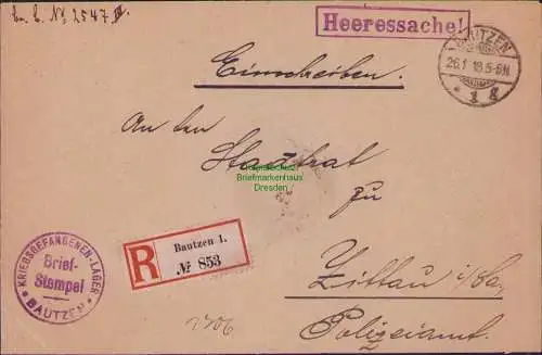 B15742 DR Heeressache Einschreiben Bautzen 1918 Kriegsgefangenenlager Zittau