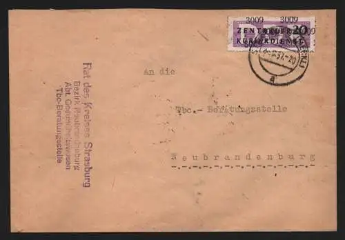 B13893 DDR ZKD Brief 1957 11 3009 Strasburg Rat des Kreises  an TBC Beratungsste