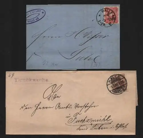 B12883 DR Deutsches Reich 2x Brief Halle Saale nach Suhl 1879 Fuchsmühl b. Lüben