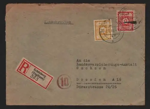 B12977 SBZ Brief Ostsachsen 1946 Einschreiben Schönberg Vogtland nach Dresden