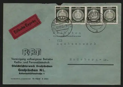 B13099 DDR Dienst A Brief Eilboten 1955 RFT Gleichrichterwerk Großräschen Radebe