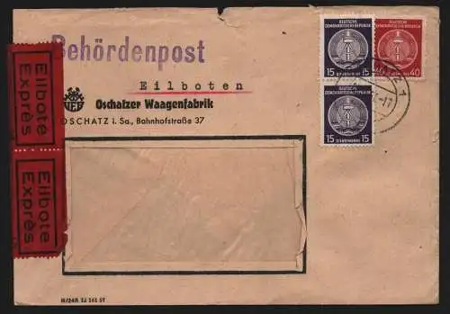 B13091 DDR Dienst A Brief Eilboten VEB Oschatzer Waagenfabrik 1957 nach Radeberg