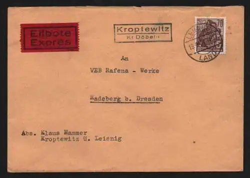 B13152 DDR Eilbrief Expres Landpoststempel Kroptewitz Kr. Döbeln Leisnig Land