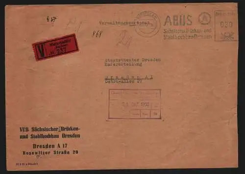 B11914 DDR Brief Verwaltungswertpost Niedersedlitz 1955 blauer Freistempel ABUS