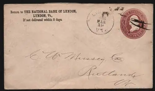 B11865 USA Brief 1886 Lyndon VT to Rutland