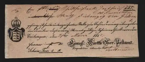 B11800 Brief Württemberg Postschein Tübingen 1842