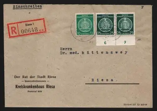 B11932 DDR Dienst A Einschreiben Riesa 1958 Kreiskrankenhaus MiF 1. + 6. Ausgabe