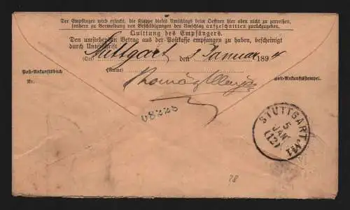 B11767 Brief Württemberg Postanweisung 1894 Laudenbach nach Stuttgart