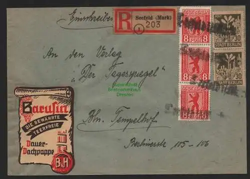 B11233 Brief SBZ Notstempel Einschreiben Seefeld Mark 1946 gepr. Schmidt VPEX