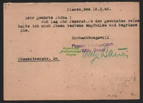 B11246 Postkarte SBZ Ostsachsen 1946 Plauen Vogtland 2x 57 MeF Ortskarte 20.3.46