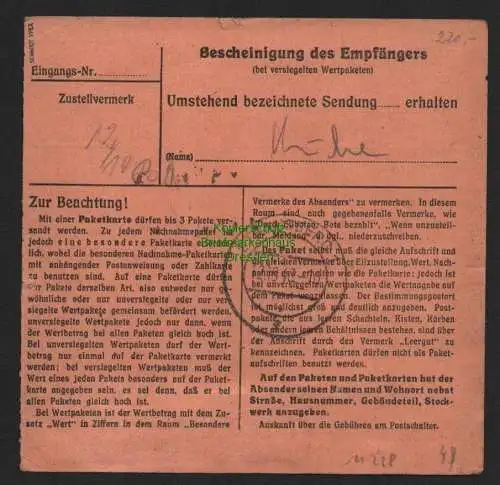 B11228 Paketkarte Alliierte SBZ Zerrenthin Uckermark Notstempel nach Strausberg