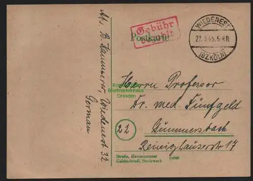 B10531 Postkarte BAZ Gebühr bezahlt 1945 Wiedenest Bz. Köln nach Gummersbach