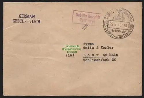 B10465 Brief BAZ Gebühr bezahlt 1948 Oberkirch Baden nach Lohr am Main