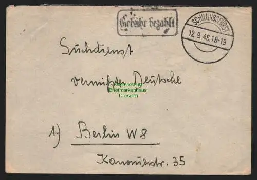 B10472 Brief BAZ Gebühr bezahlt 1946 Schillingsfürst an Suchdienst Berlin