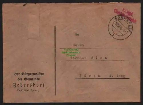 B10392 Brief BAZ Gebühr bezahlt 1945 Sonnefeld n. Fürth Bürgermeister Zedersdorf