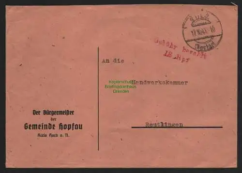 B10578 Brief BAZ Gebühr bezahlt 1945 Sulz Neckar nach Reutlingen Hopfau Der