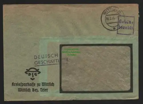 B10534 Brief BAZ Gebühr bezahlt 1946 Wittlich Bez. Trier Kreissparkasse