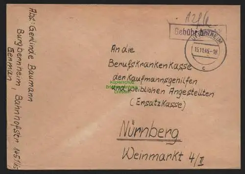 B10486 Brief BAZ Gebühr bezahlt 1945 Uffenheim nach Nürnberg