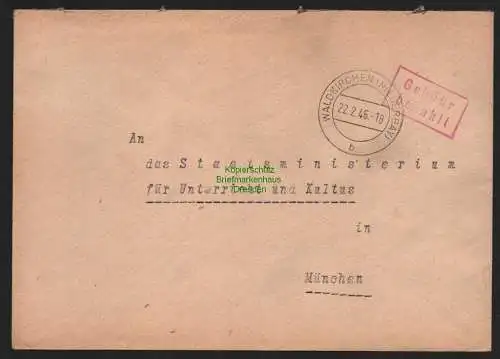 B10524 Brief BAZ Gebühr bezahlt 1946 Waldkirchen Niederbay nach München