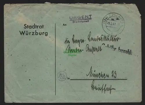 B10576 Brief BAZ Gebühr bezahlt 1947 Würzburg Stadtrat nach München