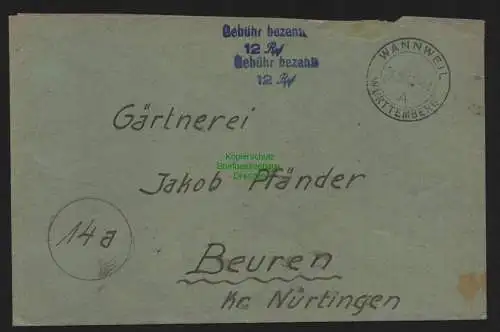 B10391 Brief BAZ Gebühr bezahlt 1947 Wannweil Württemberg nach Beuren