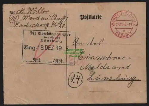 B10361 Postkarte SBZ Gebühr bezahlt 1945 Werdau Sachs. N. Lüneburg Bürgermeister