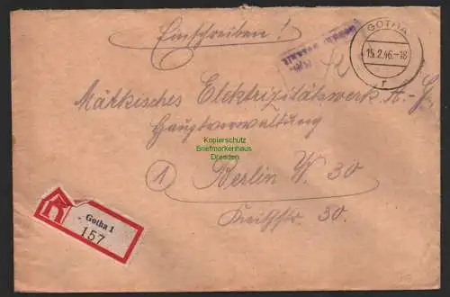 B10046 Brief SBZ Gebühr bezahlt Gotha R-Brief Einschreiben nach Berlin 1946