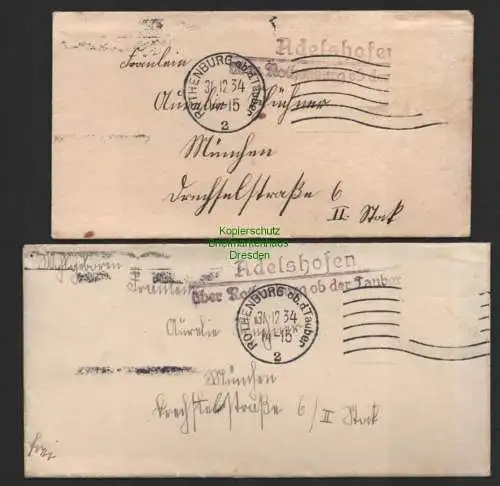 B10076 2x Brief Landpoststempel Adelshofen über Rothenburg ob der Tauber 1934