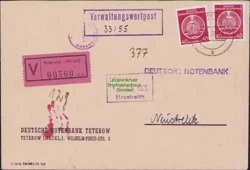 B-17600 DDR Dienst Brief Verwaltungswertpost Teterow Meckl. n. Neustrelitz 1955