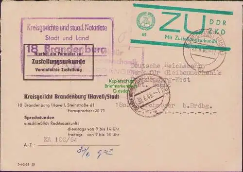 B-17684 Brief DDR Dienst ZKD ZU 1 kleinformatiger Brief Brandenburg Havel 1965