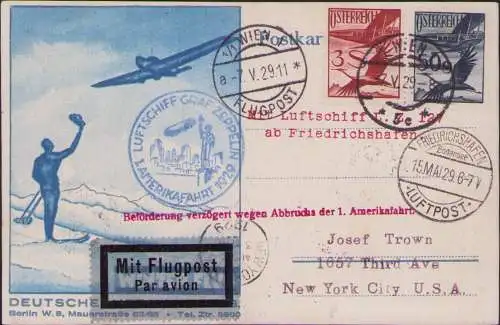 B-16609 Österreich Wien 1929 Flugpost Zubringerflug Zeppelin 1. Amerikafahrt