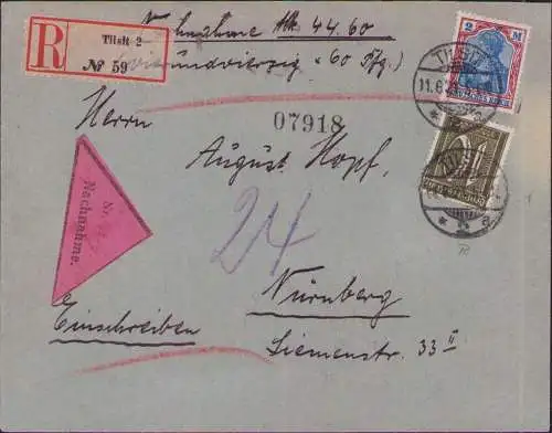 B-16582 Nachnahme Brief Tilsit 1921 nach Nürnberg