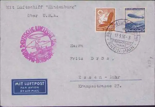 B-16615 Brief Deutschland Luftschiff Hindenburg Frankfurt Main -New York - Essen