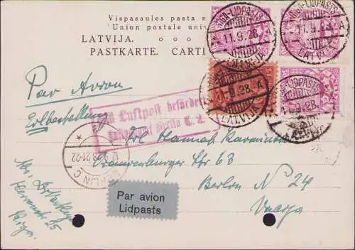 B-16664 Postkarte Riga Latvija Mit Luftpost befördert Flugpostamt Berlin C2 1928