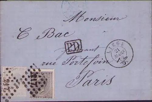 B-16650 Faltbrief Liege Lüttich Belgien 14, 15 1869 Auslandsbrief nach Paris