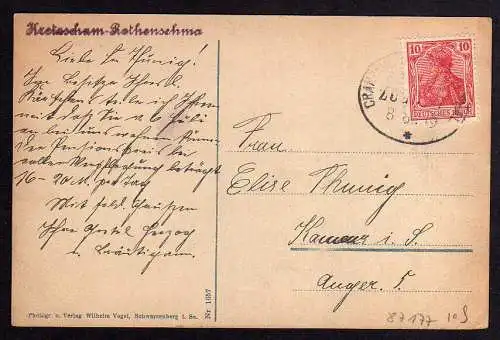 87177 AK Kretscham Rothensehma Erzgebirge 1919 Schänke Bahnpost