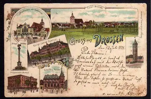 79377 AK Drossen Litho 1898 Postamt Diebesturm Lehrer Seminar Präparanden Anstal