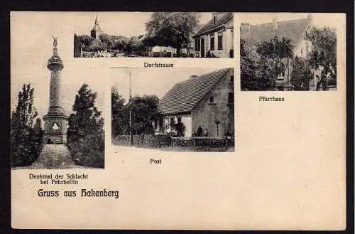 79418 Ansichtskarte Hakenberg Post Pfarrhaus Dorfstrasse Denkmal der Schlacht b Fehrbellin