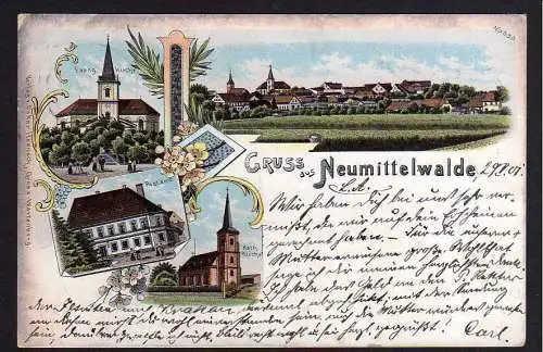 79330 AK Neumittelwalde Litho 1901 Kirche Postamt Miedzyborz