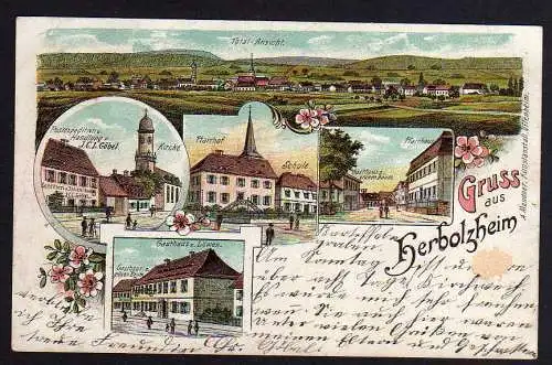 79102 AK Herbolzheim Litho 1908 Gasthaus Löwen Schule Pfarrhof Postexpedition