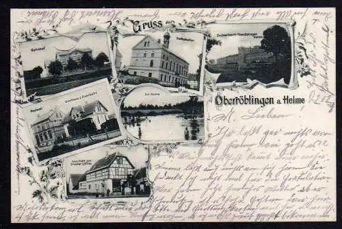 79453 Ansichtskarte Oberröblingen 1908 Sangerhausen Postamt Bahnhof Gasthaus zur Eisenbahn