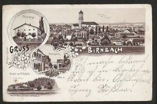 25326 AK Birnbach Bayern Litho Kirche Pfarrhaus Markt, gelaufen 1898