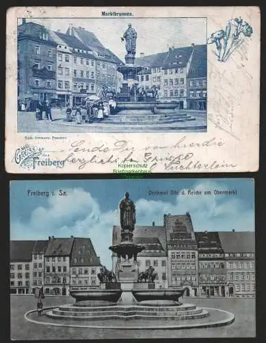 150552 2 Ansichtskarte Freiberg Marktbrunnen 1902 Uhligs Restaurant Obermarkt Denkmal