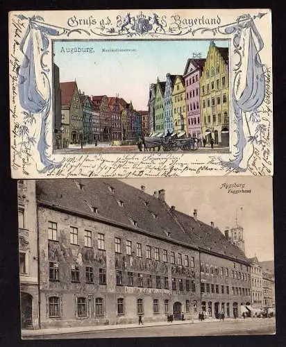 106354 2 AK Augsburg 1901 Maximilianstrasse Wappen geprägt Fuggerhaus 1914