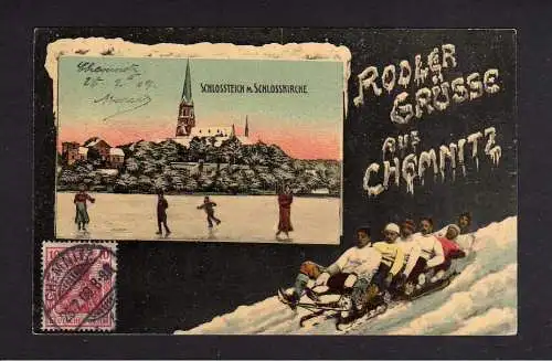 104372 AK Chemnitz 1909 Winterbild Rodler Grüße Schlitten Schlossteich Schlosski