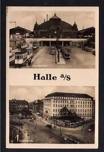 103877 AK Halle Saale Riebeckplatz Hauptbahnhof Fotokarte Straßenbahn um 1935