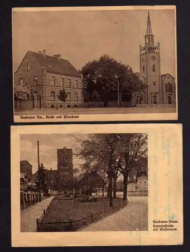 102147 2 Ansichtskarte Neudamm Neumark Bahnhofstraße Wasserturm Kirche Pfarrhaus