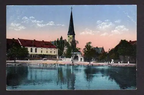 102142 Ansichtskarte Pastuchow Puschkau um 1925 Teich See Ev. Kirche